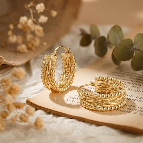 NEARLAND Gold Hoop Earrings 14K Gold Earrings for Women Gold Hoop Earrings for Womens Hoops Twisted Lines with Beaded Textures for Dimensional Look Hoops Earring for Womens