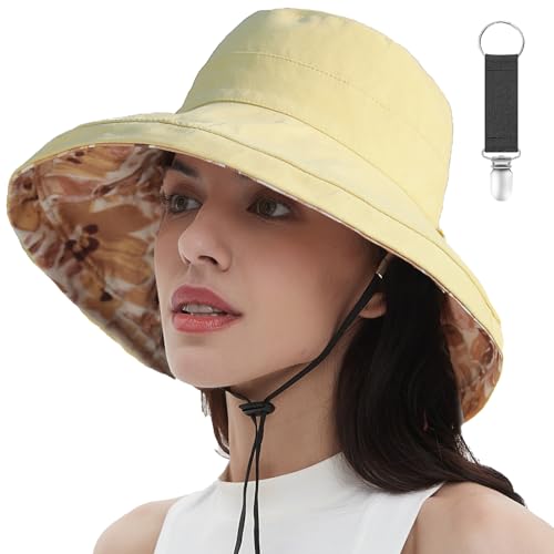 vidsel Womens Sun Hats Wide Brim Reversible Bucket Cotton Hat Packable Summer Travel Cap with Hat Clip,UV Protection - color: Yellow, size: Medium
