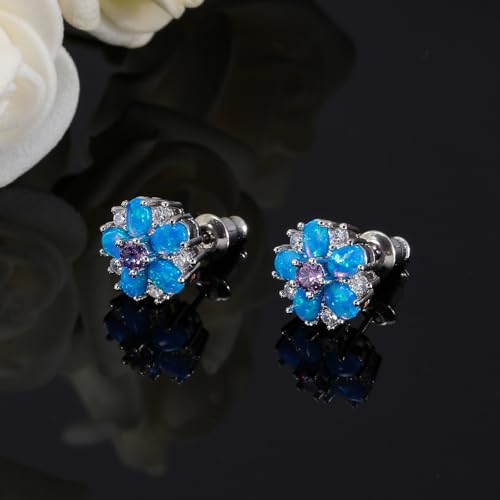 CiNily Flower Earrings,Opal Stud Earrings Sterling Silver or White Gold/Rose Gold Plated Ladies Flower Stud Earrings Cute Unique Earrings for Girls - color: Blue Opal