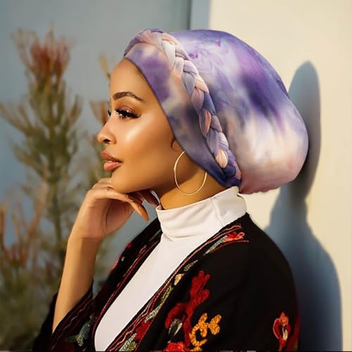 DRESHOW Turban Pre-Tied Twisted Hat Thread African Head Wraps for Black Women Chemo Cancer Cap Braid Hair Cover - color: 1 Pack Tie-dye Gradient: Purple & Pink