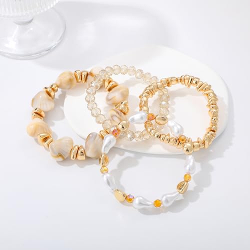 GOOJIDS Simple Beaded Gold Plated Bangles Bracelet Chunky Bamboo Tube Curved Stacking Clear Acrylic Colorful Beads Stretchable Gold Plated Bracelets Set For Women - color: T Shell Beads Set
