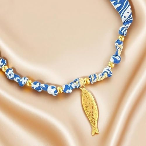 Scarf Necklace with Charm Gold Starfish Chunky Cross Heart Flower Pendants Bandana Charm Necklace Western Scarf for Women Boho Cowgirl Country Cowboy Accessories Beach Vacation Vacation Outfits Jewelry - color: C4-Scarf Necklace With Fish Charm