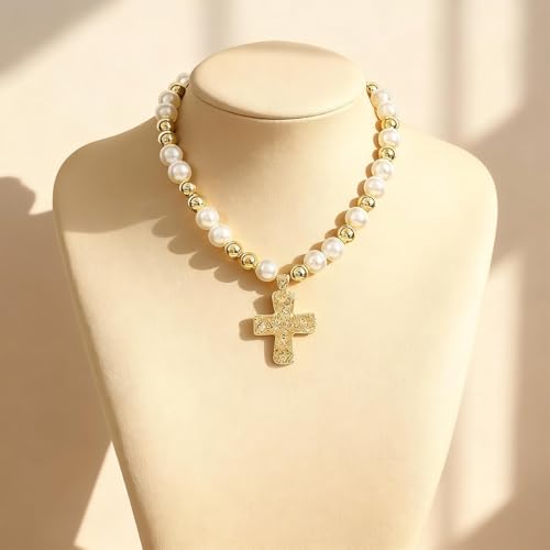 Chunky Cross Necklace for Women Chunky Gold Necklace Statement Cross Pendant Vintage Toggle Clasp Necklace Jewelry for Women - color: F1-Gold Cross Necklace
