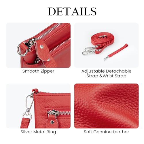 befen Genuine Leather Wristlet Clutch Wallet Purses with RFID Blocking, Small Crossbody Bags Shoulder Handbag for Women - color: Fire-engine Red