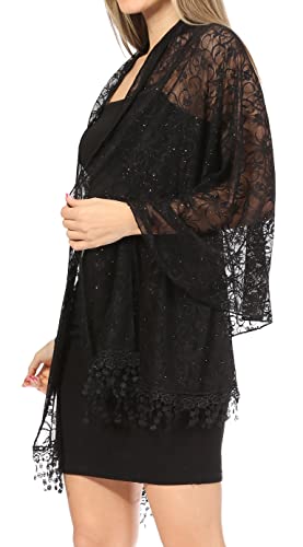 Sakkas Mari Women's Large Lightweight Soft Lace Scarf Wrap Shawl Floral and Fringe - color: Style4-black