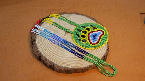 Handmade Native American Style Tribal ethnic Seed Bead Beaded Layered Medallion Necklace #1 - color: Green Bear Paw