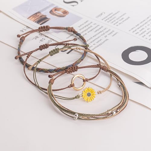 FANCY SHINY Easter Gifts Basket Stuffers Sunflower String Bracelet Boho Braided Rope Wrap Bracelets Cute Summer Beach Surfer Jewelry for Women - color: Neutral