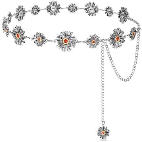 Western Turquoise Chain Belt for Women with Daisy Pattern Cowgirl Concho Metal Waist Belt for Boho Country - color: 3-silver(red Stone), size: Fit for Mid Waist up to 35"