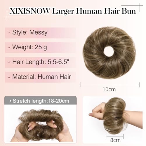Messy Bun Hair Piece Human Hair, Real Buns for Women, Ashy Blonde Scrunchie Updo Hairpieces, Natural Fake Bun Extension, Faux Wig Donut Chignon, Lightweight 25g Thick Wavy Hairpiece - color: Ashy Bronde