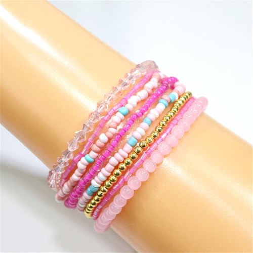 Boho Stackable Rice Beaded Bracelet Set for Women 8-10Pcs Colorful Handmade Multilayered Crystal Beads Bracelets Summer Beach Bohemian Jewelry Gift - color: B Pink