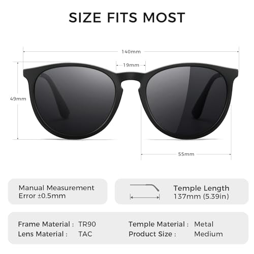 SUNGAIT Premium Vintage Round Sunglasses for Women Men Classic Retro Trendy Style - color: 02 Black Frame (Matte Finish)/Polarized Gray Lens With Vegan Leather Case