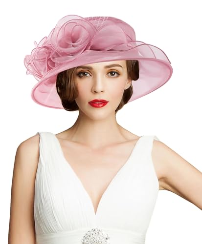Women's Kentucky Derby Church Dress Hat Wide Brim Leaf Flower Bridal Shower Hat - color: A3-pinkpurple