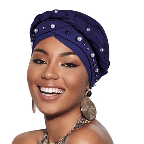 African Women Turban Caps Pre-Tied Twisted Turbans Head Scarf for Women Hair Wraps Cover Beanie Cancer Chemo Headwear - color: 1 Pack Twisted Braid: Pearls Navy Blue