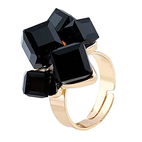 Hebelee Boho Square Crystal Statement Ring for Women Gold-Toned Adjustable Expandable Promise Engagement Geometric Rings Comfort Fit Elegant Art Deco Birthday Christmas Cocktail Party Y2K Jewelry - color: Black