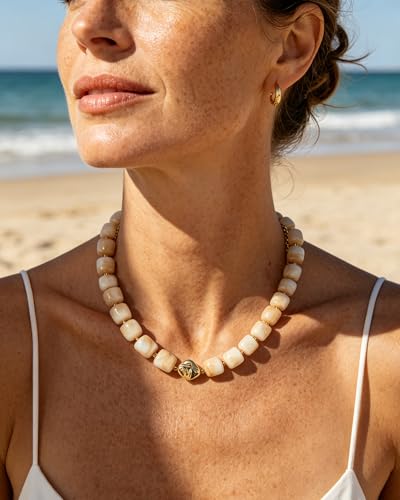 Chunky Beaded Statement Necklace for Women Trendy Colorful Boho Resin Bead Choker Necklaces Summer Handmade Jewelry Gifts Accessories - color: Gold Shell-like color -1