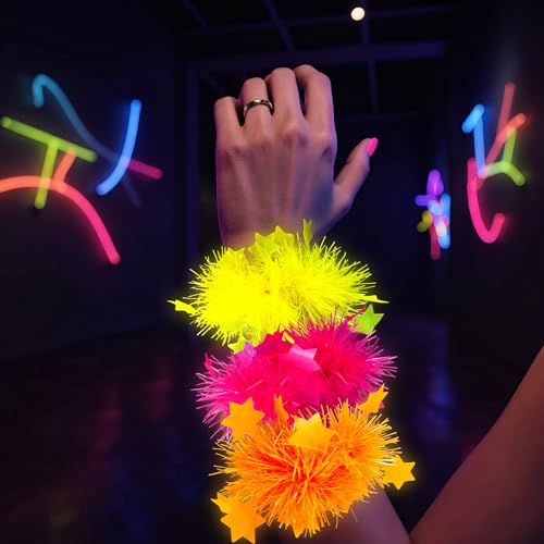 16 PCS Neon Accessories Glow Bracelets 80s Bracelet Fluorescent Blacklight Bracelet Party Favors Neon Bracelets for Glow Party Women Men Party Supplies