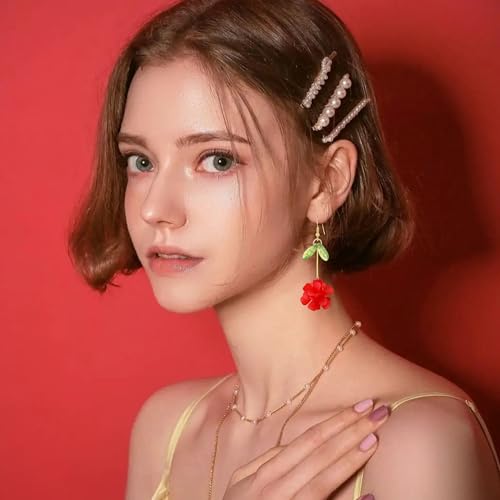 Resin Flower Cluster Ball Dangle Drop Earrings for Women Spring Summer Bohemian Floral Petal with Green Leaf Earrings Vacation Party Jewelry - color: Red