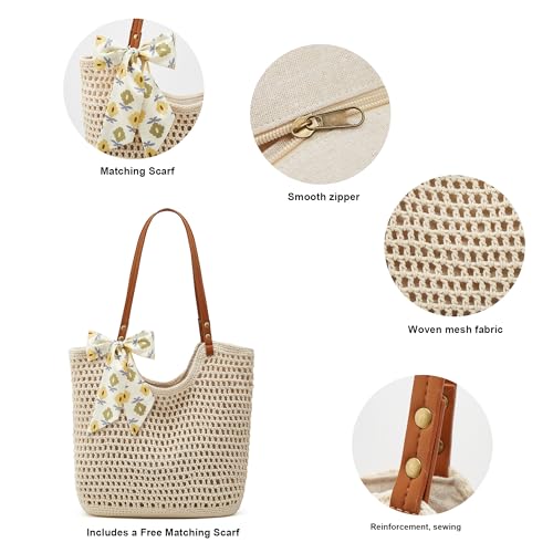 Crochet Beach Bags for Women Woven Purses Shoulder Bag Tote Handbag Summer Beach Purse - color: Wy10-white
