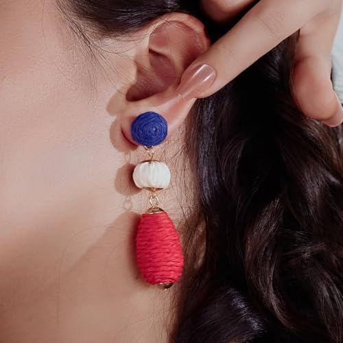 Boho Raffia Earrings Statement Dangle Earrings Cute Teardrop Ball Earrings Colorful Summer Jewelry Handmade Rattan Earrings for Women - color: Red/White/Blue