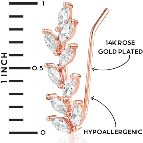 14K Gold or 925 Sterling Silver Plated Ear Crawler Earrings for Women - Crystal Leaf Ear Climber Earrings - Hypoallergenic, Safe for Sensitive Ears - color: 14K Rose Gold Plated