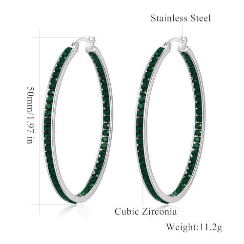 CiNily Mult-colors Crystal Stainless Steel Hoop Earring for Women Hypoallergenic Jewelry for Sensitive Ears Large Big Hoop Earrings 2" - color: Dark Green