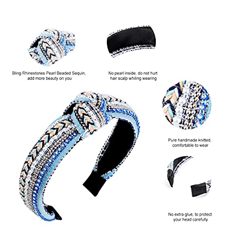 TOBATOBA Knotted Boho Headbands for Women, 3 Pack Beaded Knot Headband, Diademas Para Mujer De Moda, Womens Crystal Pearl Head bands, Wide Turban Head bands No Slip Fashion for Women - color: Color 2