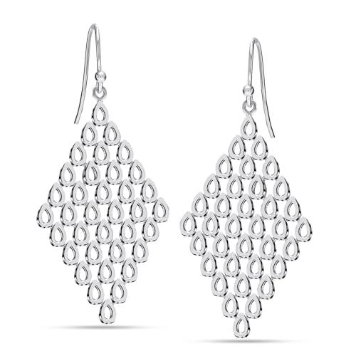 LeCalla Sterling Silver Dangle Earrings for Women | 925 Sterling Silver Long Interlocked Handmade Textured Drop Earring for Women - color: Mesh Briolette Chandelier