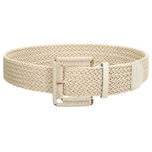 JASGOOD Women Wide Woven Belt for Dresses Rattan Waist Belt Braided Boho Belt with Square Buckle - color: Beige, size: Fit Waist Size 38-42inch