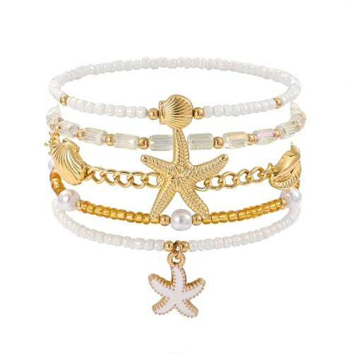 Shell Bracelet Seashell Boho Beaded Stretch Bracelets for Women Summer Beach Bracelets Starfish Charm Bracelet Stackable Gold Plated Bracelets Set for Women - color: h-gold 2