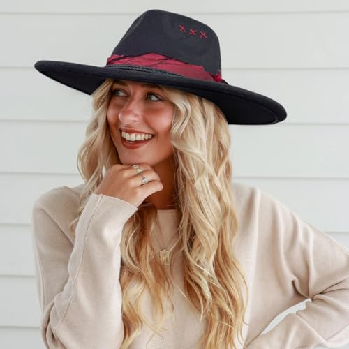 Womens Boho Fedora Hat Wide Brim Fedora Mens Handmade Flat Brim Hats - color: Blackred