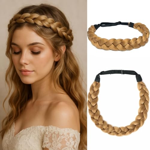 Braided Headbands Hair Piece for Women Synthetic Hair Head Bands Handmade Braid Hairband Hair Accessories Elastic Stretch Headwrap Braided Hair Band - color: 27#-Honey Blonde
