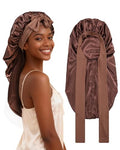 AWAYTR Long Satin Bonnet for Braids - Elastic Silk Hair Bonnets for Sleeping Night Cap Stretchy Tie Band for Women（Brown） - color: Brown