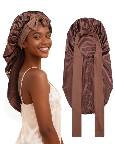 AWAYTR Long Satin Bonnet for Braids - Elastic Silk Hair Bonnets for Sleeping Night Cap Stretchy Tie Band for Women（Brown） - color: Brown