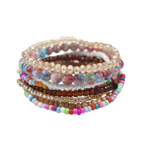 Boho Stackable Rice Beaded Bracelet Set for Women 8-10Pcs Colorful Handmade Multilayered Crystal Beads Bracelets Summer Beach Bohemian Jewelry Gift - color: B Brown