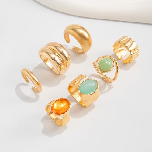 Chunky Gold Rings for Women Non Tarnish Silver Chunky Rings Set Adjustable Thick Statement Ring Gold Stackable Ring for Women Trendy Fashion Silver Jewelry - style: Style8-Blue Gemstone 7Pcs