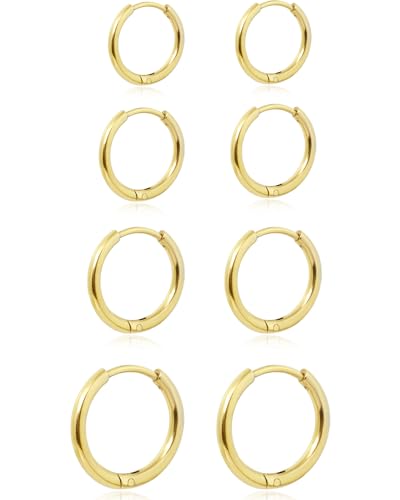 Dainty 6 Pairs Surgical Steel Earrings Sets for Multiple Piercing, Lightweight 14K Gold Plated Small Huggie Hoop Earrings, Flat Back Tiny Ball CZ Stud Earrings for Cartilage, Helix, Lobe, Hypoallergenic - style: 14K Gold Plated-6/8/10/12mm Hoop Earrings