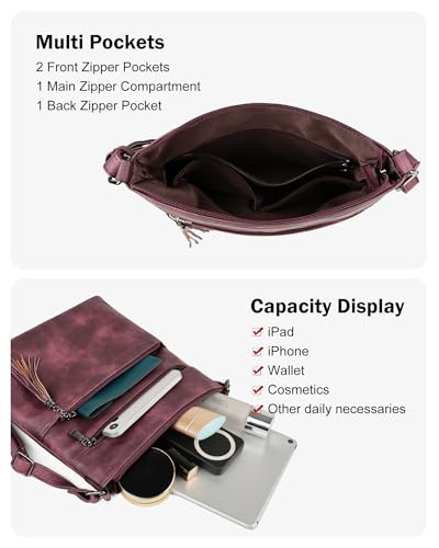 MASINTOR Crossbody Purses for Women, Multi Pocket Casual Crossbody Bag, Adjustable Strap Shoulder Bag with Tassel - color: Burgundy