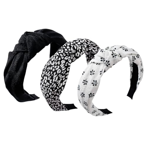 3-Piece Top Knotted Floral Pattern Headbands for Women & Girls, Cute Flower Print Knot Headband, Non Slip Fashion Hair Bands Hairbands (Black) - color: Black