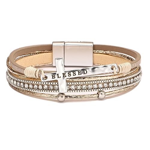 Fesciory Leopard Bracelet for Women, Boho Leather Wrap Multi-Layer Pearl Crystal Bracelet Bangle Jewelry - style: Blessed Cross(Khaki)