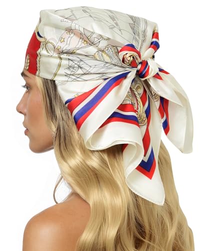 CHUNG Women's Scarf Hair Bandanas Square 27.5" Satin Wrap Fashion Pattern Scarves Emulation Silk Handbag Ribbons Necktie - color: Red Sailboat