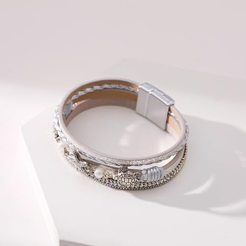 Long tiantian Boho Leather Wrap Bracelets Western Bracelets for Women Stackable Starfish Crystal Pearl Turquoise Leather Bracelet With Clasp Jewelry Gifts Boho Dresses - color: B7:grey Bracelet