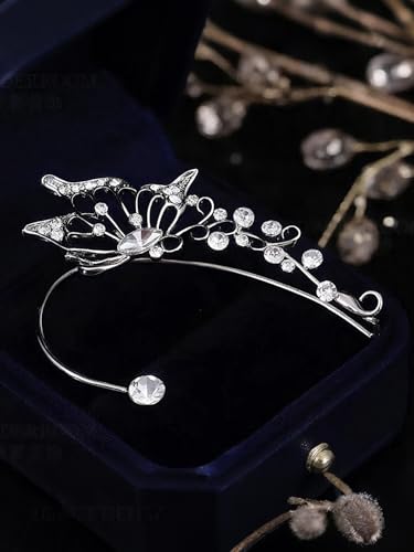 2Pcs Rhinestone Butterfly Earrings Ear Cuffs Non-Pierced Fake Earrings Butterfly Climber Wrap Around Earring Dainty Adjustable Ear Clip Jewelry for Women - color: Style3-silver
