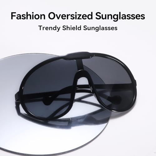 Dollger Oversized One Piece Sunglasses For Women Fashion Men Wrap Around UV400 Shield Goggles - color: Black Frame Black Lenses