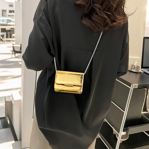Sightor Silver Mini Crossbody Bag for Women, PU Leather Small Evening Purse, Dressy Clutch Handbag for Nightclub Parties - color: Gold