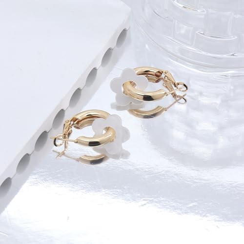 Chunky Acrylic Gold Small Flower Hoop Huggie Earrings, Colorful Boho Ear Piercing Dangle Drop Earrings, Dainty Chic Charm Jewelry Gift - color: White
