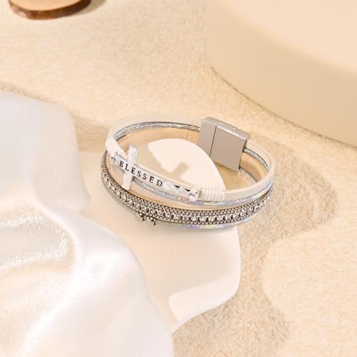 VIBILIA Boho Leather Wrap Bracelets for Women Men Multi-Layer Bracelets with Strong Clasp Western Jewelry - color: 11-Cross-White