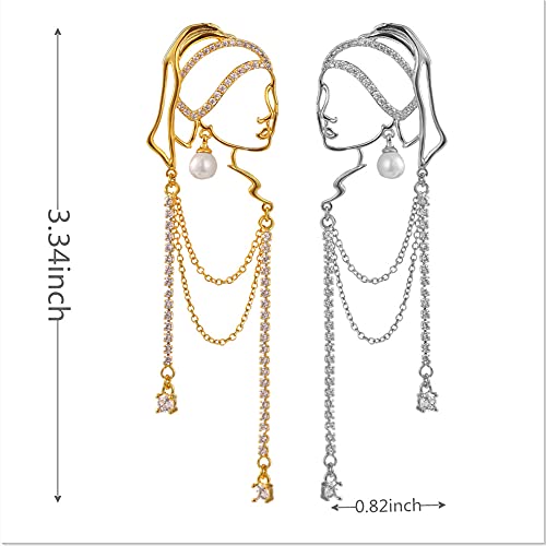 Unique Abstract Face Art | Dangle Statement Long Earrings for Women | Rhinestone Tassel Handmade Chandelier Earrings - color: silver