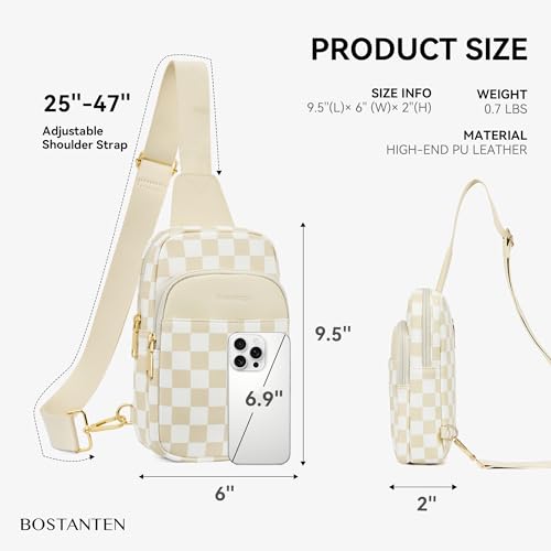 BOSTANTEN Sling Bag Quilted Crossbody Bags for Women Cross Body Purse Leather Fanny Pack with Adjustable Guitar Strap - color: A-checkered Beige