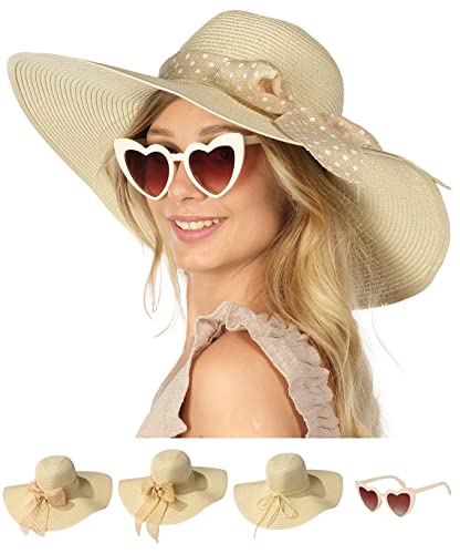 Funcredible Sun Hat for Women - Wide Brim Hat - Large Floppy Beach Hat - Straw Sun Hats with Bow and Heart Shape Glasses