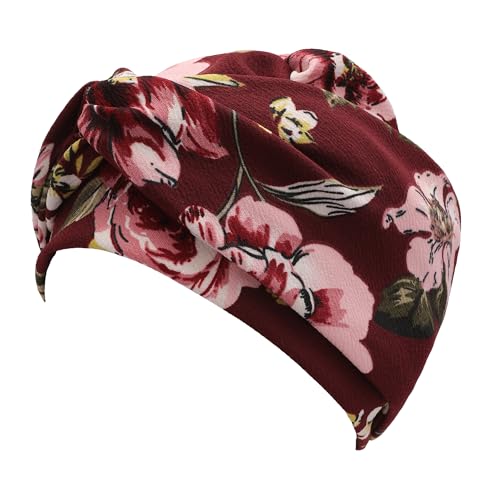 ZLYC Chemo Headwear for Women Pre Tied Turban Headwear Lightweight Beanie Hat - color: Flowers Burgundy